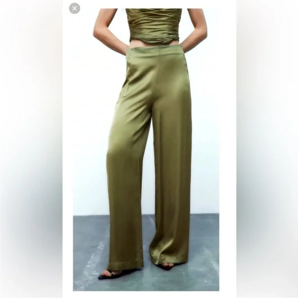 ZARA Wide Leg Green Satin Pants - Picture 3 of 11